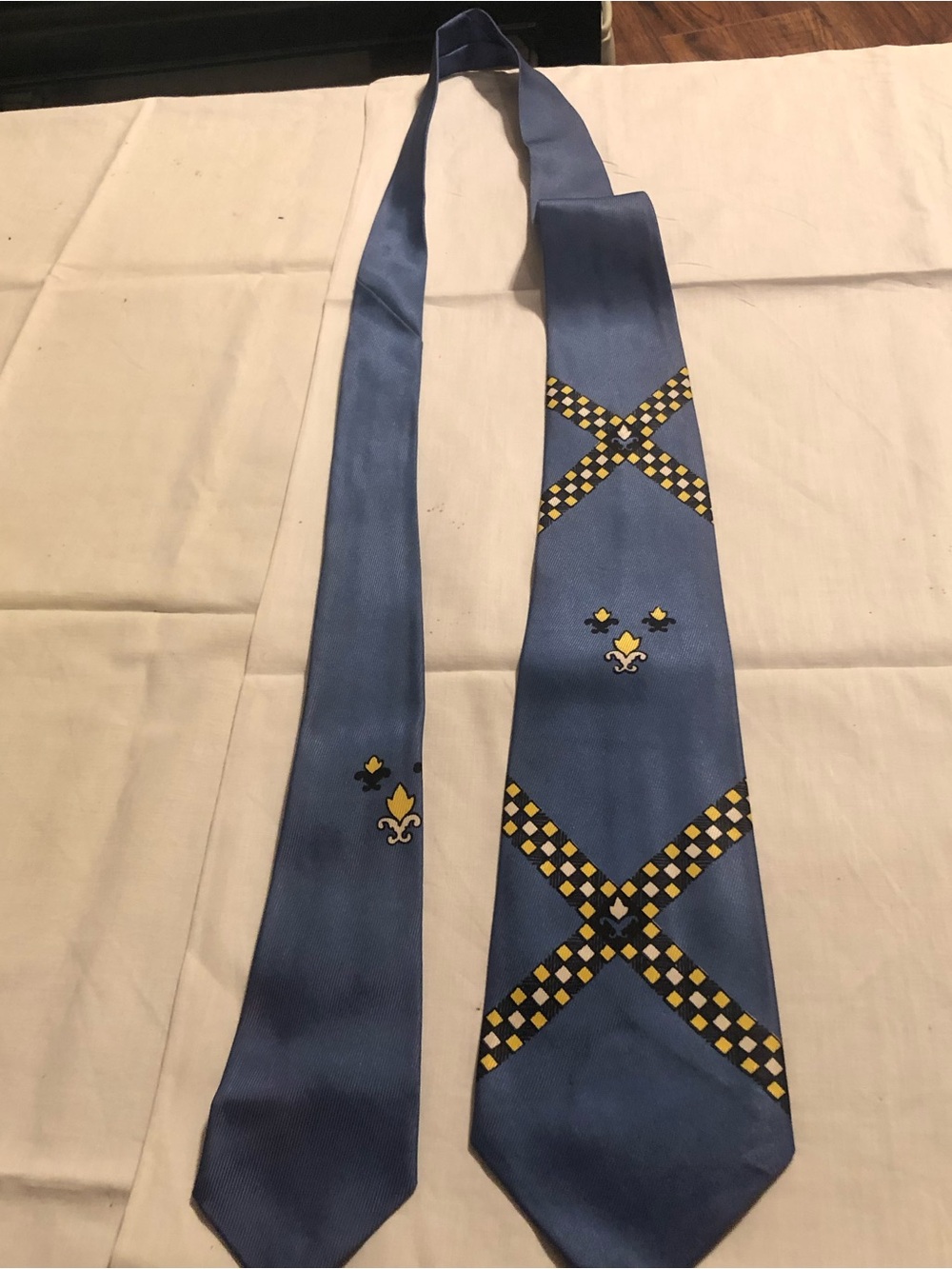 jcpenney Blue Tie with Yellow Fleur-de-Lis and Checker X Pattern